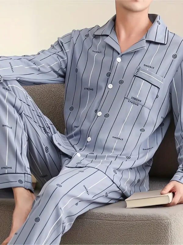Ensemble Pyjama de Luxe à Rayures pour Hommes, Manches Longues Confortables & Pantalon, Vêtements de Détente Décontractés avec Poches, Mélange de Polyester, Lavable en Machine – Image 5