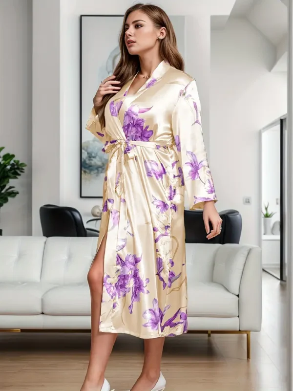Robe de chambre élégante grande taille, chemise de nuit en satin à imprimé floral pour femme, manches longues, devant ouvert, ceinture, pour l'automne et l'hiver – Image 2