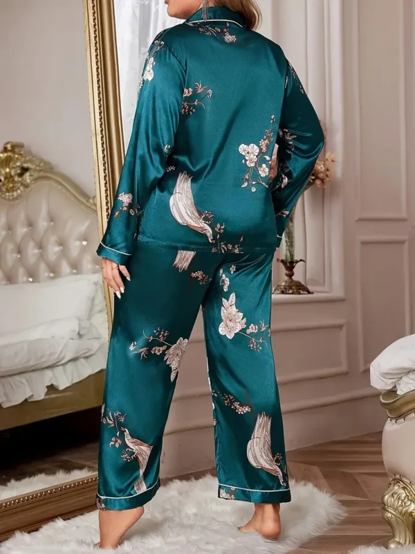 Ensemble de pyjama élégant pour femme, grande taille, imprimé floral en satin, chemise à manches longues et pantalon, ensemble 2 pièces pour l'automne et l'hiver – Image 5
