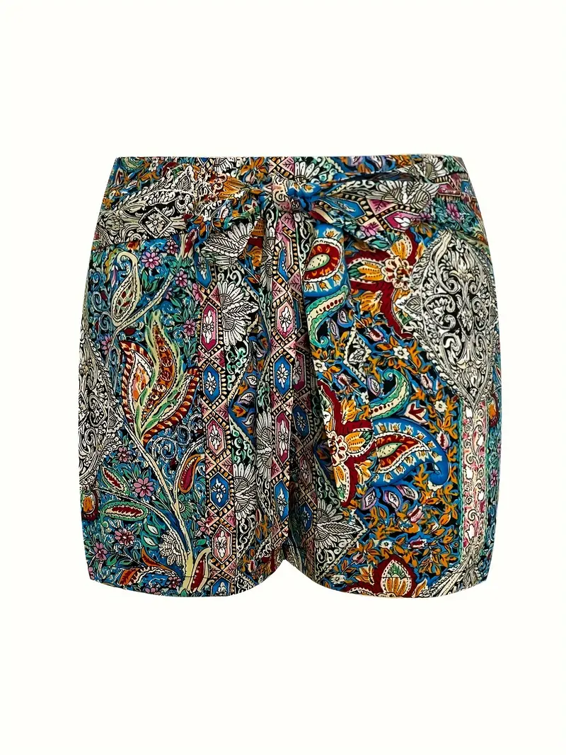 Short à taille nouée imprimé cachemire grande taille, short décontracté de vacances pour l'été, vêtements grande taille pour femmes 6 Short à taille nouée imprimé cachemire grande taille, short décontracté de vacances pour l'été, vêtements grande taille pour femmes – Image 5