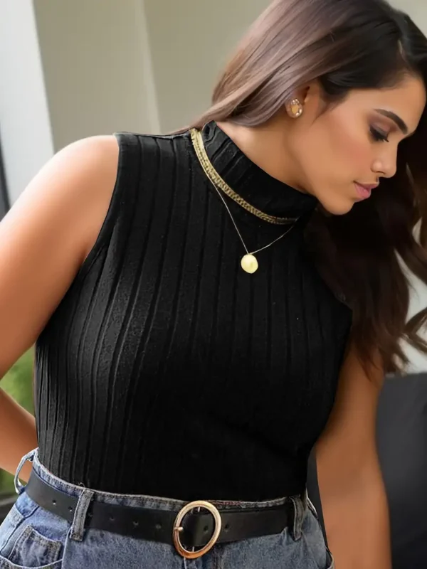 Débardeur basique grande taille, débardeur slim extensible moyen côtelé à col montant pour femme – Image 5