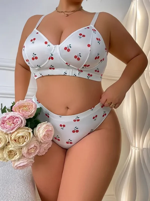 Ensemble de lingerie coquine pour femmes, grande taille, imprimé cerise mignon, soutien-gorge et culotte à col en V, ensemble 2 pièces – Image 5