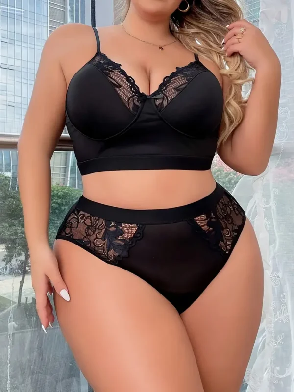 Ensemble de lingerie élégant grande taille pour femme, soutien-gorge bralette et culotte en dentelle contrastée sans rembourrage, ensemble de lingerie 2 pièces grande taille – Image 5