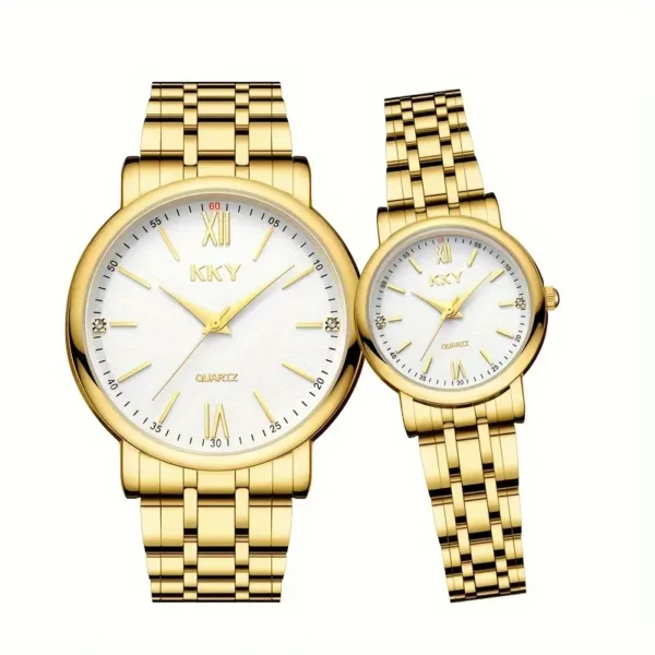 Ensemble de montres de luxe pour couple 2 pièces Ensemble de montres de luxe pour couple 2 pièces, Mouvement à quartz, élégant ton doré avec accents en strass, bracelet en acier inoxydable, Cadeau idéal pour un anniversaire ou la Saint-Valentin 1 septembre 2024 Kotazando