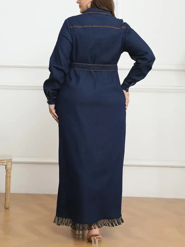 Robe en jean élégante grande taille, robe en jean longue à franges brutes et ceinture à nouer de couleur unie pour femme avec manches longues et col en V – Image 6