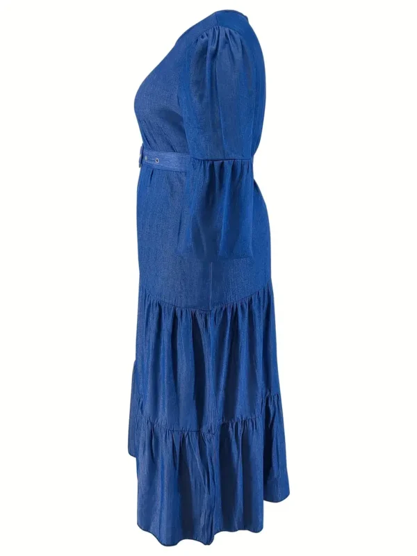 Robe en jean grande taille pour femmes, Style décontracté, longueur avec volants à plusieurs niveaux, manches 3/4, taille ceinturée à la mode – Image 4
