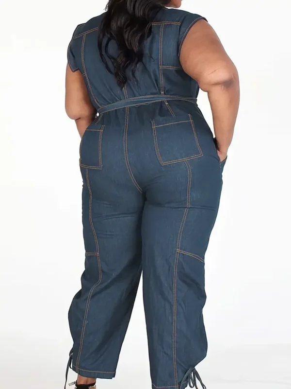 Salopette En Jean Décontractée Pour Femmes, Taille Plus, Coutures Contrastées, Ceinture À Nœud Papillon, Fermeture Boutonnée Unique, Sans Manches, Bretelles À Nouer, Combinaison En Jean – Image 6