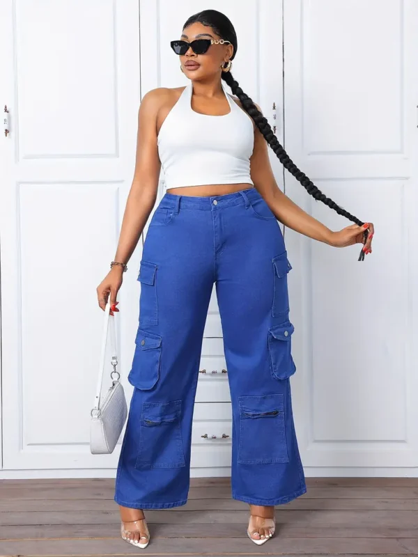 Jean cargo noir grande taille pour femme avec plusieurs poches, pantalon large en denim stretch décontracté, pantalon tendance pour le confort et le style - Parfait pour l'automne et l'hiver – Image 6