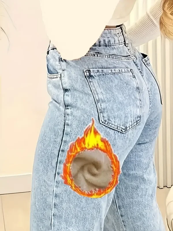 Jean en denim stretch doublé polaire pour femmes grandes tailles, Pantalon long droit en coton mélangé style streetwear avec détails flocons de neige, fermeture éclair, sans ceinture pour les sorties décontractées automne/hiver par Tu bu yin he – Image 6