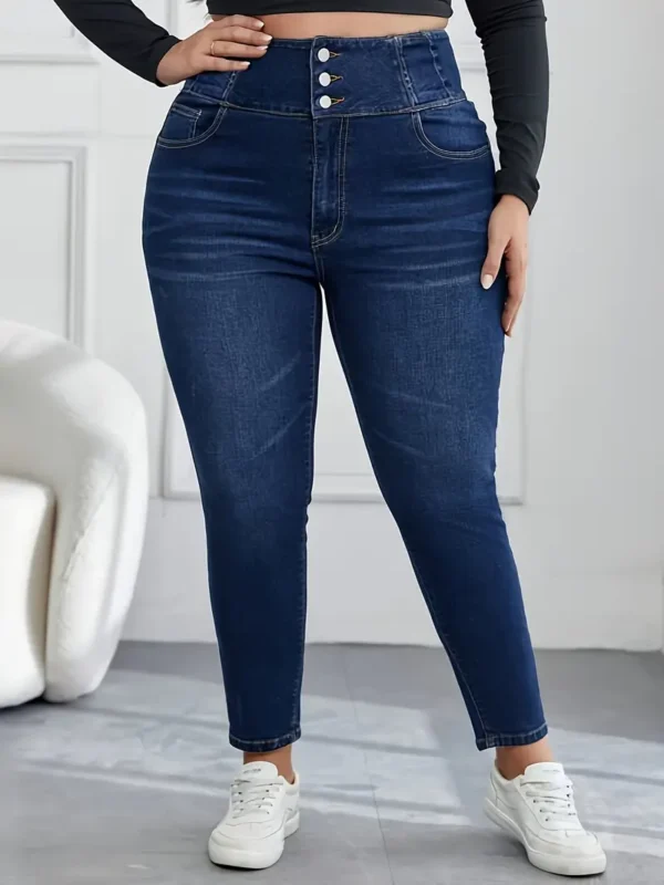 Jean basique grande taille, jean skinny délavé taille haute avec braguette boutonnée pour femme – Image 6