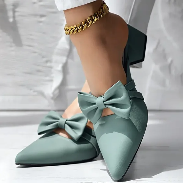 Escarpins à talons compensés et bout pointu avec nœud papillon chic pour femmes, sandales à enfiler à talon carré épais, chaussures élégantes pour robe de soirée – Image 6
