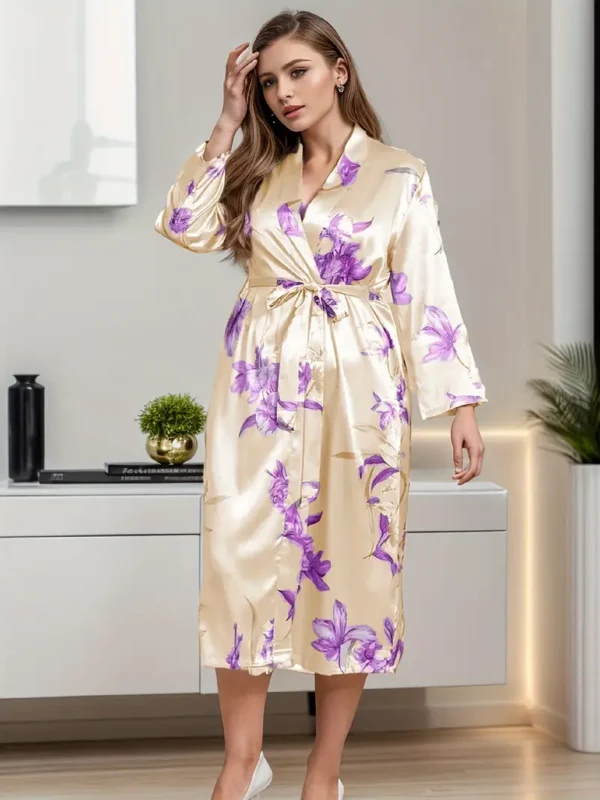 Robe de chambre élégante grande taille, chemise de nuit en satin à imprimé floral pour femme, manches longues, devant ouvert, ceinture, pour l'automne et l'hiver – Image 6