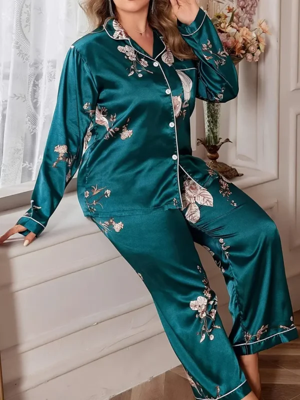 Ensemble de pyjama élégant pour femme, grande taille, imprimé floral en satin, chemise à manches longues et pantalon, ensemble 2 pièces pour l'automne et l'hiver – Image 6