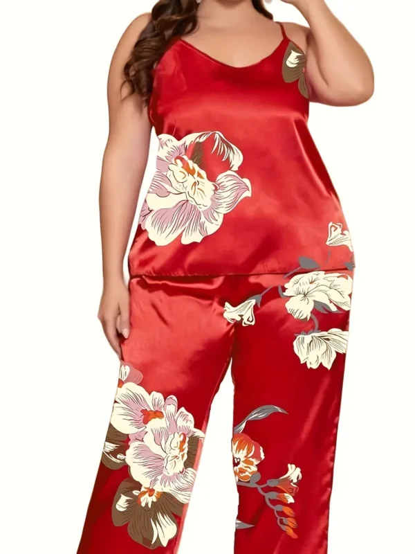 Ensemble de pyjama en satin élégant pour femme grande taille, Imprimé floral, haut sans manches et pantalon confortable, tissu extensible pour toutes les saisons – Image 6