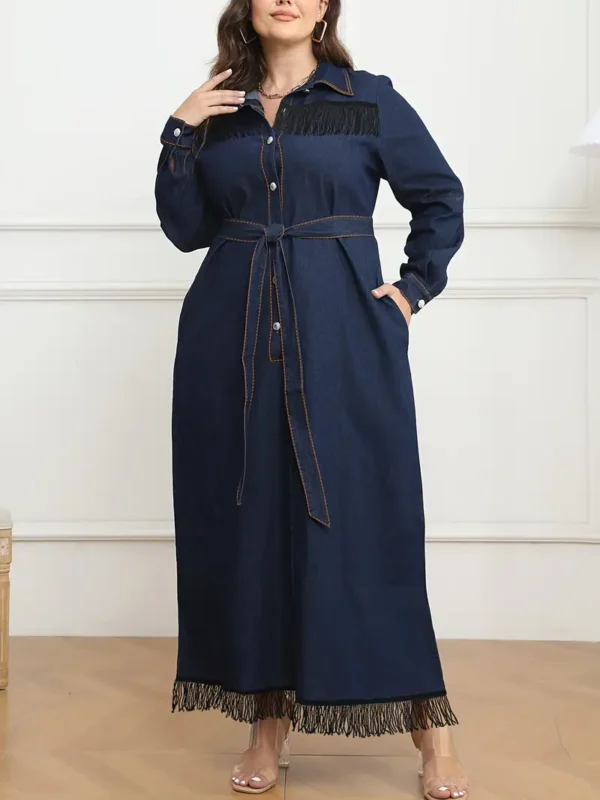 Robe en jean élégante grande taille, robe en jean longue à franges brutes et ceinture à nouer de couleur unie pour femme avec manches longues et col en V – Image 7