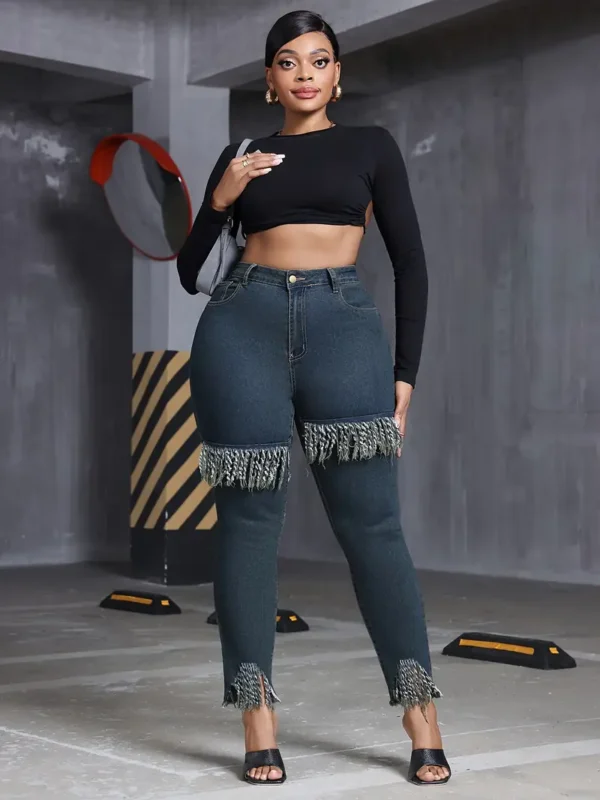 Pantalon en jean skinny brut à franges et taille haute, pour femme, grande taille – Image 6