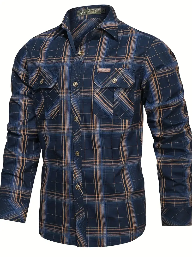Chemise Décontractée À Carreaux Boutonnée À Manches Longues Pour Hommes, Chemise Cargo Multi-poches En Coton, Vêtements Pour Hommes Pour Le Printemps Été Automne, Hauts Pour Hommes 3 Chemise Décontractée À Carreaux Boutonnée À Manches Longues Pour Hommes, Chemise Cargo Multi-poches En Coton, Vêtements Pour Hommes Pour Le Printemps Été Automne, Hauts Pour Hommes – Image 2