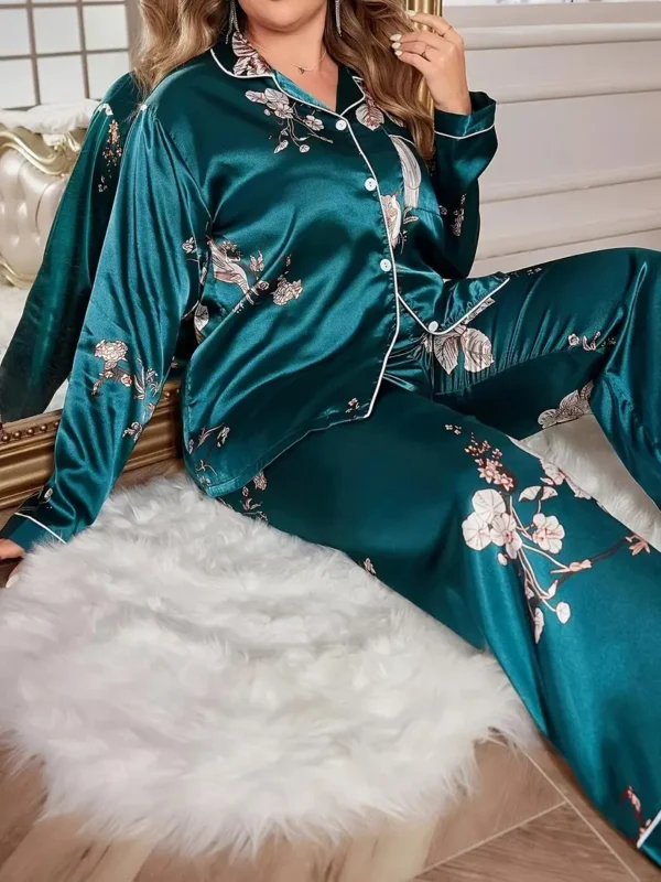 Ensemble de pyjama élégant pour femme, grande taille, imprimé floral en satin, chemise à manches longues et pantalon, ensemble 2 pièces pour l'automne et l'hiver – Image 7