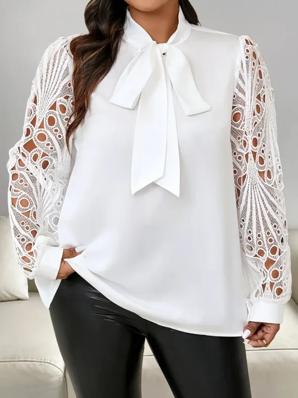 Chemise à col nœud papillon solide grande taille, chemise élégante à manches en dentelle ajourée pour le printemps et l'automne, vêtements grande taille pour femmes – Image 7