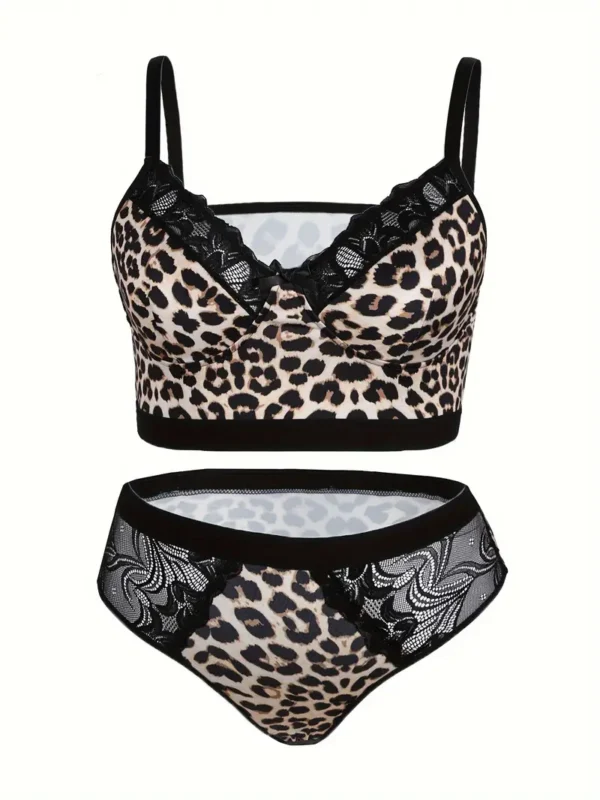 Ensemble De Lingerie Sexy Grande Taille, Ensemble Deux Pièces De Lingerie En Dentelle Contrastée Imprimé Léopard, Soutien-gorge Et Culotte Longs Pour Femmes – Image 7