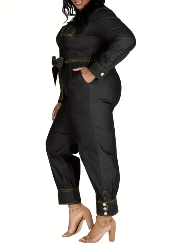 Combinaison en jean grande taille à manches longues avec ceinture, combinaison à col en V pour femmes avec poches – Image 7