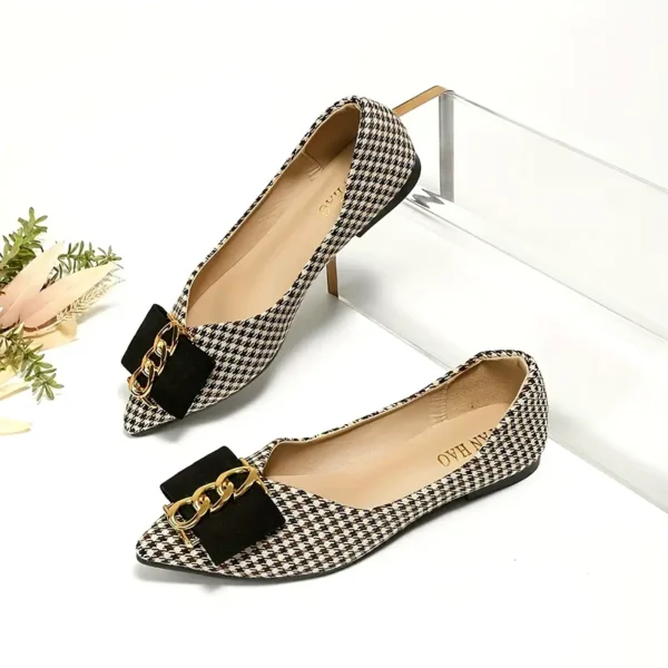 Ballerines à motif pied-de-poule pour femmes, chaussures à enfiler à bout pointu avec nœud en chaîne, chaussures plates polyvalentes à semelle souple