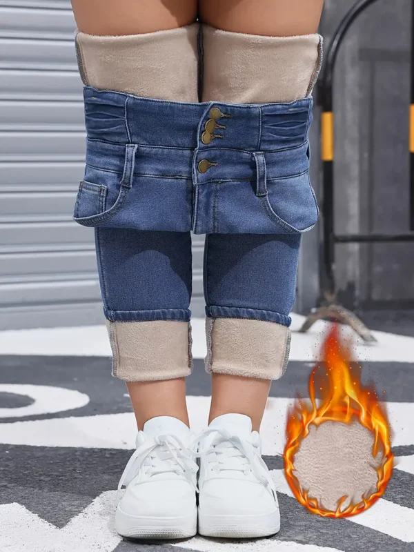 Pantalon en jean skinny bleu délavé à coupe ajustée et doublure en peluche pour l'hiver, style décontracté, épais et chaud pour femmes. – Image 8