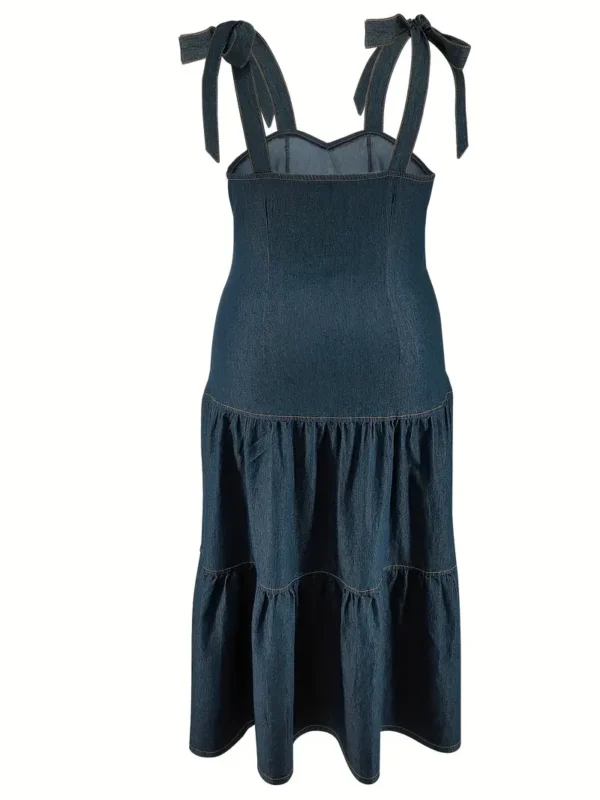 Robe en jean élégante grande taille, robe en jean mi-longue à volants superposés sur les épaules avec nœud papillon, robe en jean à épaules nouées – Image 9