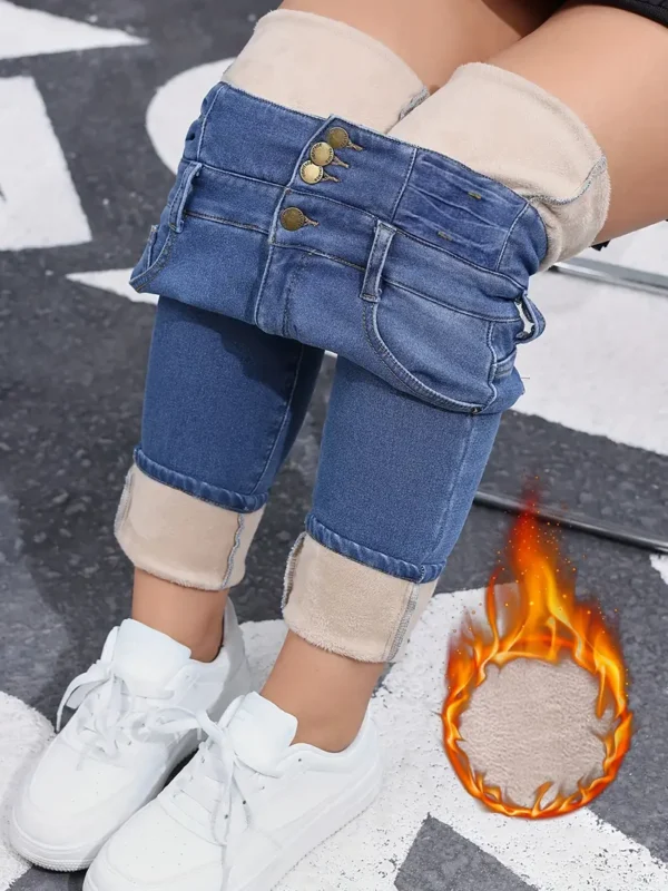 Pantalon en jean skinny bleu délavé à coupe ajustée et doublure en peluche pour l'hiver, style décontracté, épais et chaud pour femmes. – Image 9