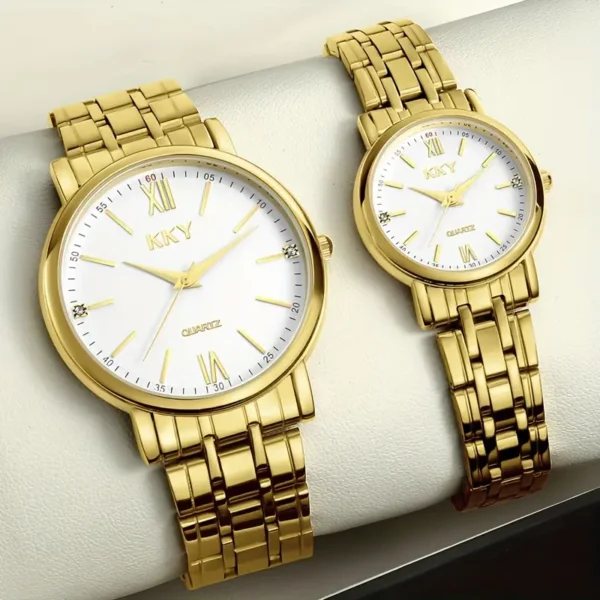 Ensemble de montres de luxe pour couple 2 pièces Ensemble de montres de luxe pour couple 2 pièces, Mouvement à quartz, élégant ton doré avec accents en strass, bracelet en acier inoxydable, Cadeau idéal pour un anniversaire ou la Saint-Valentin 1 septembre 2024 Kotazando