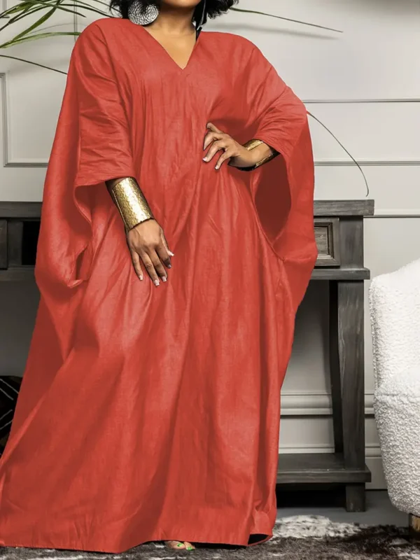 Robe Ample Et Décontractée De Grande Taille, Robe Maxi À Manches Chauve-souris Et Col En V, Vêtements De Grande Taille Pour Femmes – Image 2