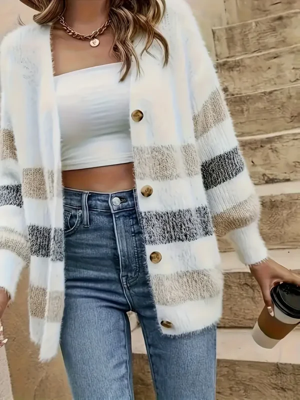 Cardigan tricoté à blocs de couleurs grande taille, cardigan décontracté à manches longues boutonné sur le devant pour l'automne et l'hiver, vêtements grande taille pour femmes – Image 6