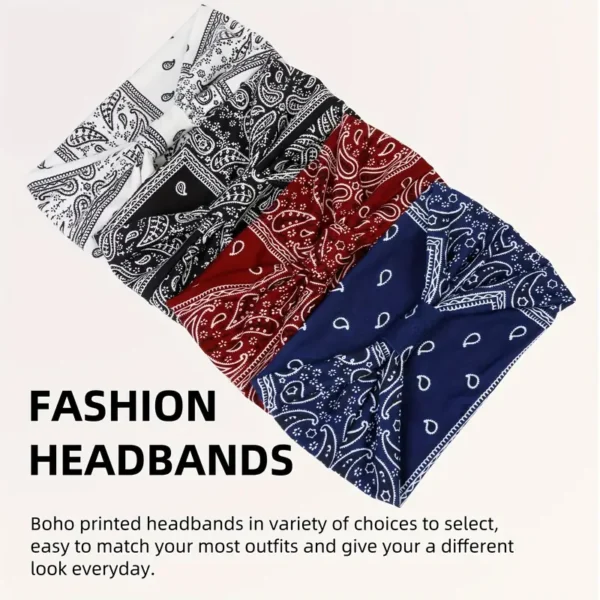 Lot de 4 bandeaux à imprimé ethnique bohème, bandeaux polyvalents et multi-usages pour le yoga, la beauté, le sport, les bandeaux anti-transpiration, styles rétro et bohème pour un usage quotidien – Image 3