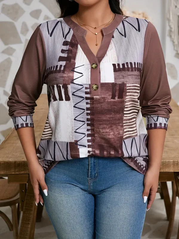 Haut boutonné à imprimé patchwork grande taille Haut boutonné à imprimé patchwork grande taille, haut décontracté à manches longues et col cranté pour le printemps et l'automne, vêtements grande taille pour femmes 27 septembre 2024 Kotazando