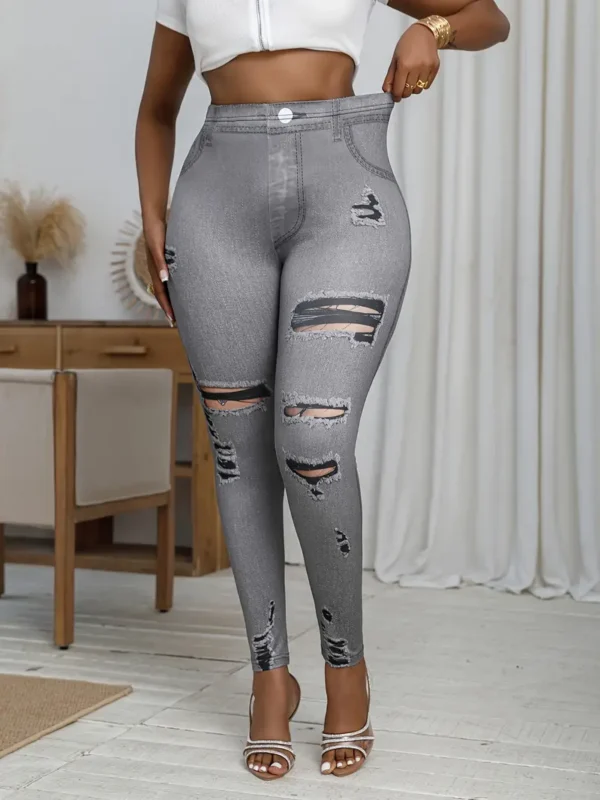 Leggings déchirés en faux denim grande taille, leggings taille haute décontractés pour un usage quotidien, vêtements grande taille pour femmes – Image 7