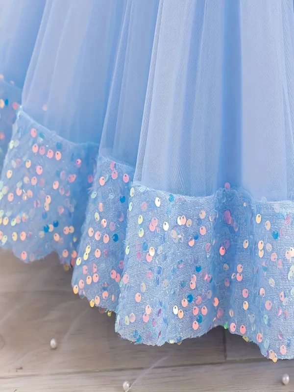 Robe tutu à manches courtes bouffantes avec décor de fleurs à paillettes pour filles, vêtements de fête de Noël - Image 5