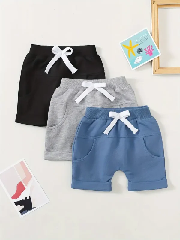 Lot de 3 shorts décontractés de couleur unie pour bébé, bas élastique confortable à la taille, vêtements pour bébé garçon pour l'intérieur et l'extérieur