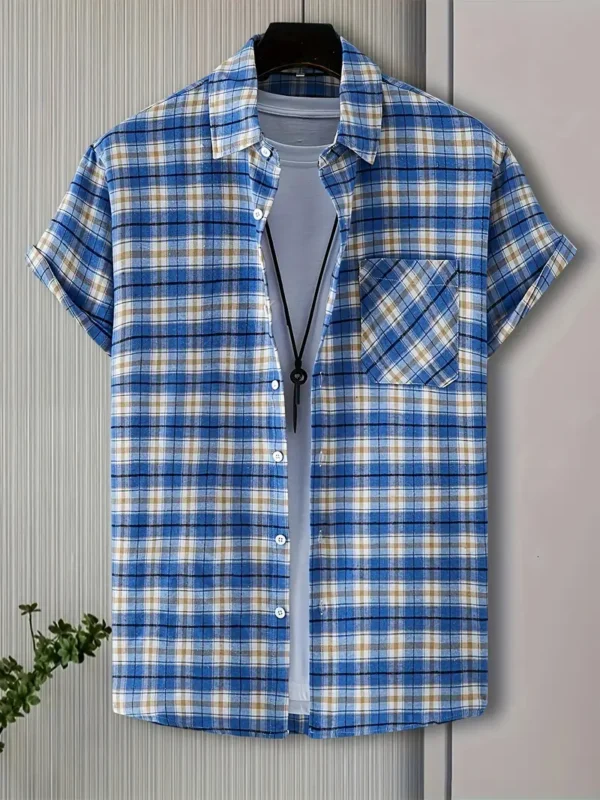 Chemise boutonnée à manches courtes pour homme avec motif à carreaux élégant et poche poitrine, vacances d'été – Image 8