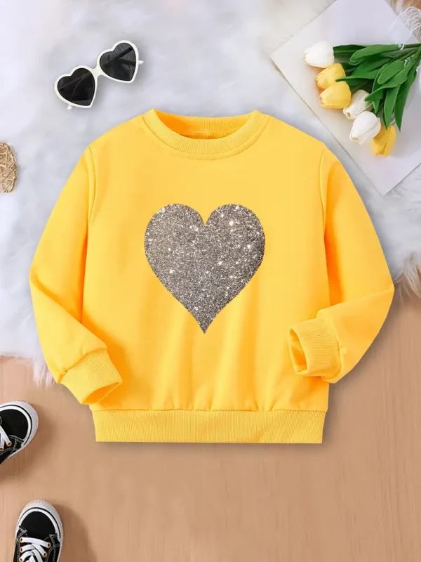 Sweat-shirt ras du cou décontracté pour fille avec imprimé cœur pailleté, Mélange de polyester légèrement extensible, manches longues