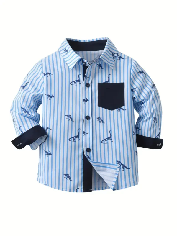 Chemises à rayures à imprimé dinosaure pour garçons, hauts à manches longues, hauts boutonnés, vêtements d'extérieur pour printemps et automne