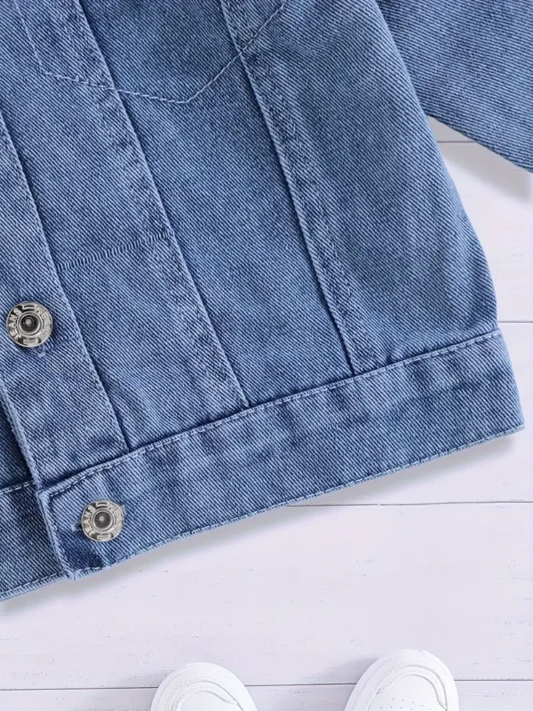 Jacket en jean décontractée pour enfants avec broderie de lapin de dessin animé au dos, col à revers, manches longues à épaules tombantes – Image 5