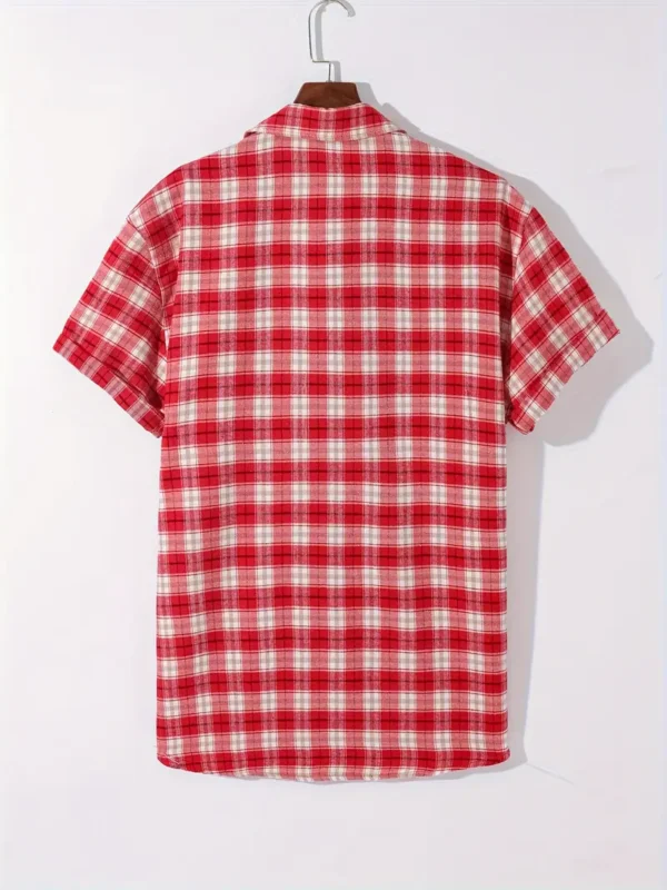 Chemise boutonnée à manches courtes pour homme avec motif à carreaux élégant et poche poitrine, vacances d'été – Image 5