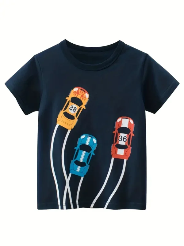 Lot de 4 t-shirts de sport pour garçon 100 % coton avec imprimé de voiture de dessin animé, Vêtements d'extérieur confortables pour l'été – Image 2