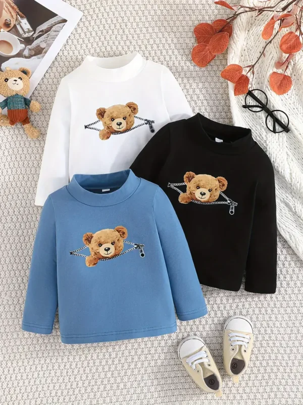 3pcs T-shirt à manches longues en coton imprimé ours de dessin animé pour bébé, pull décontracté, haut pour tout-petit et bébé garçon