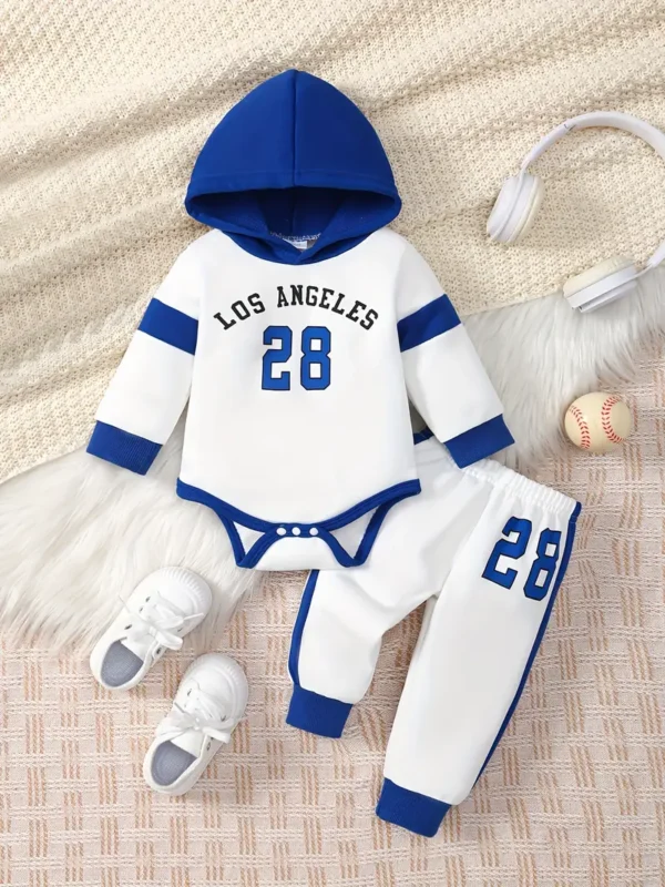 Ensemble 2 pièces pour bébé garçon, barboteuse à manches longues et pantalon, imprimé numérique, capuche, tissu en polyester doux, lavable en machine – Image 3