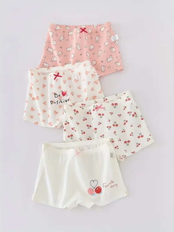 Lot de 4 slips en coton imprimés cerises, cœurs et lapins pour fille, culottes à motif dessin animé, ensemble de sous-vêtements doux et confortables, pour toutes les saisons - Image 3