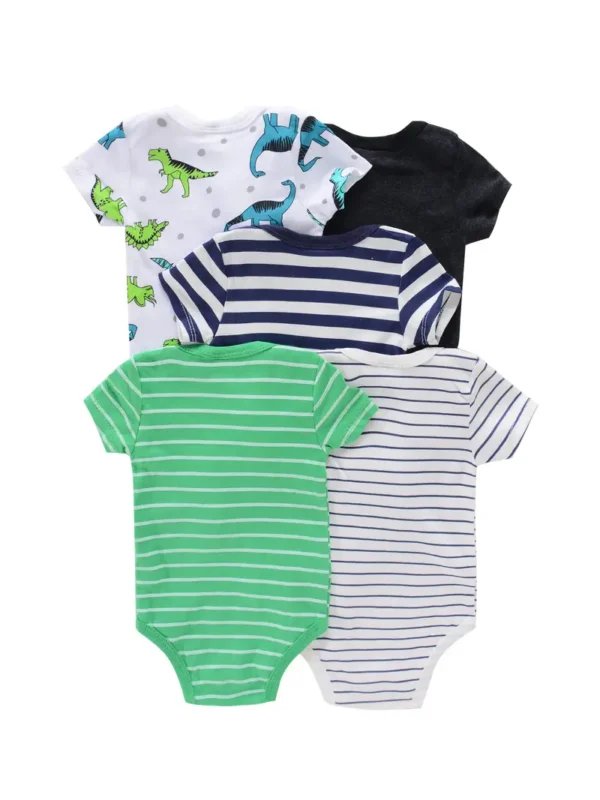 5pcs Nouveau-né Bébé Barboteuse en Coton, Mignon Dinosaure Imprimé Rayé Manches Courtes, Col Rond Body Grenouillères Pour Bébé Garçons, Vêtements Pour Tout-petits – Image 2