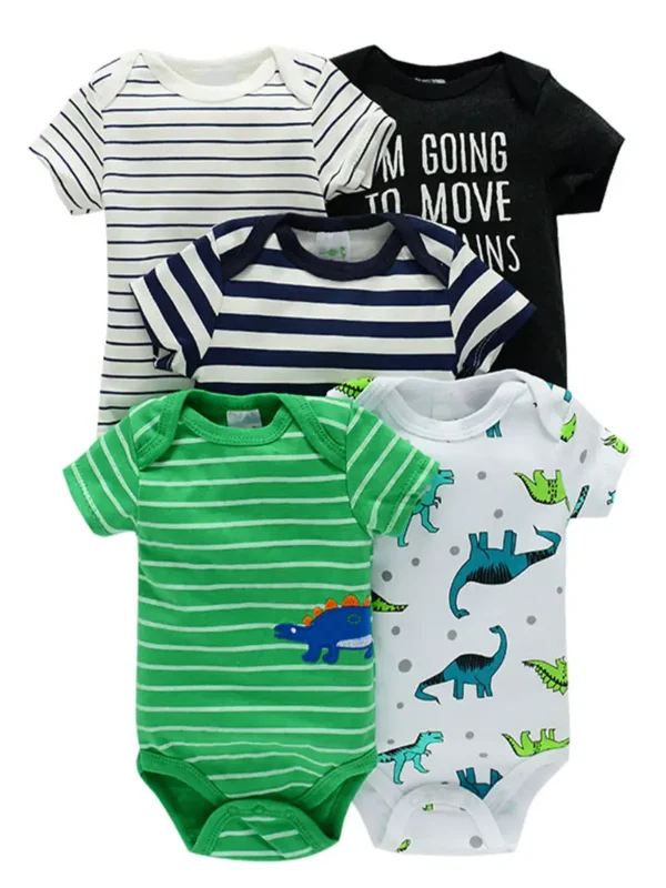 5pcs Nouveau-né Bébé Barboteuse en Coton, Mignon Dinosaure Imprimé Rayé Manches Courtes, Col Rond Body Grenouillères Pour Bébé Garçons, Vêtements Pour Tout-petits