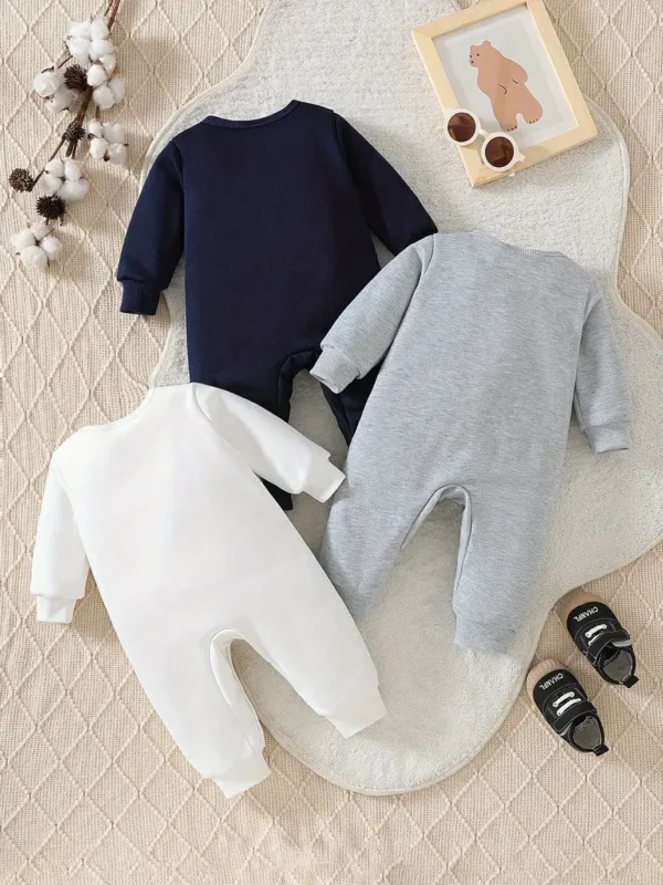 Lot de 3 barboteuses pour nouveau-né garçon sur le thème de Noël, tissu tricoté 100 % polyester, imprimé alphabet et renne – Image 3