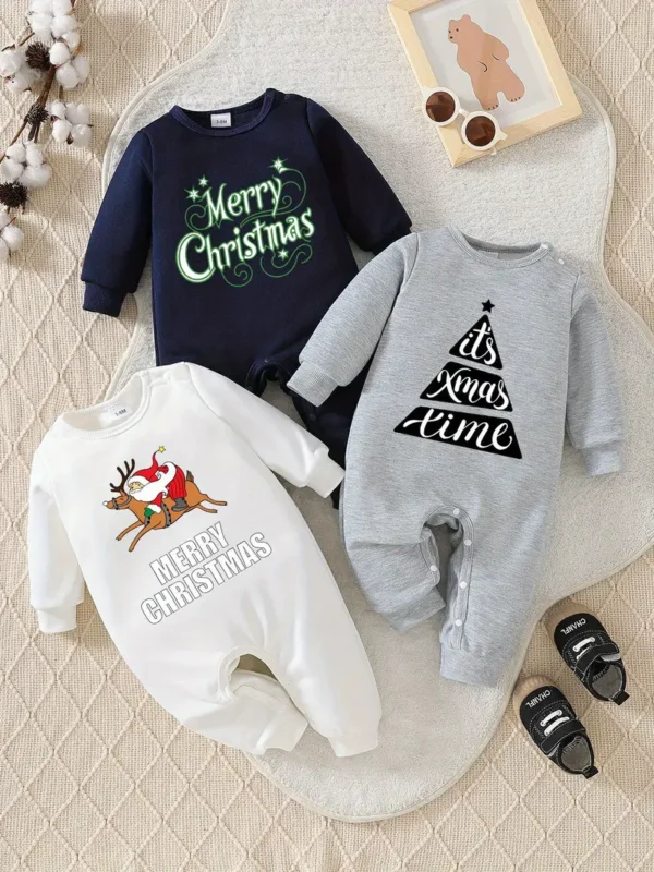Lot de 3 barboteuses pour nouveau-né garçon sur le thème de Noël, tissu tricoté 100 % polyester, imprimé alphabet et renne